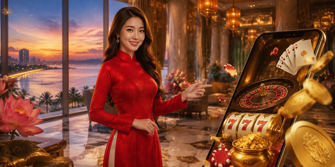 Người chơi casino trên điện thoại di động tại Đà Nẵng với trang phục áo dài